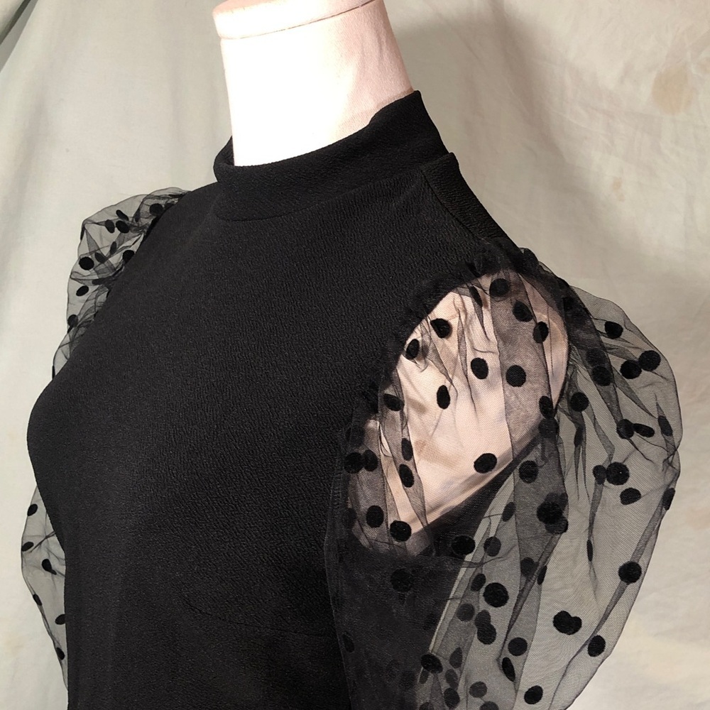 Prom Black Dress with Sheer Polka Dot Mesh Sleeves Size Small - Picture 7 of 16